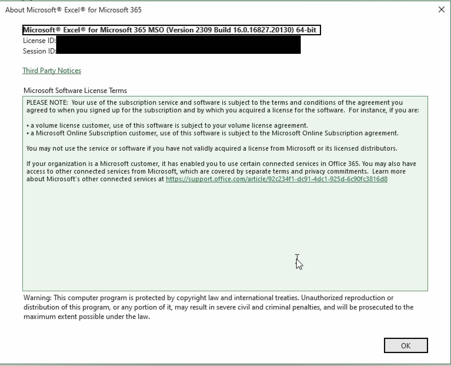 Microsoft Excel Build Version Details
